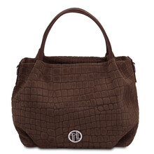 Nora Cocoon Suede leather handbag with croc print Chocolate