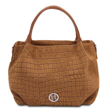 Nora Cocoon Suede leather handbag with croc print Cognac