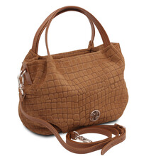 Nora Cocoon Suede leather handbag with croc print Cognac
