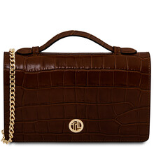 Opera Croque Croc print leather clutch with chain strap Coffee