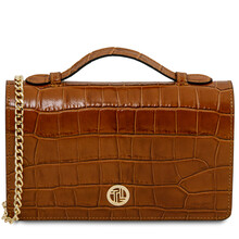 Opera Croque Croc print leather clutch with chain strap Cognac