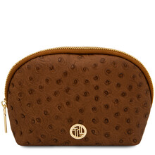 Vera Leather toiletry case in ostrich-print leather Cognac