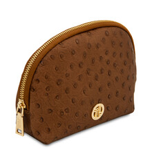 Vera Leather toiletry case in ostrich-print leather Cognac