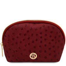 Vera Leather toiletry case in ostrich-print leather Red