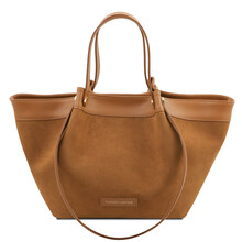 Soleil Suede leather shopping bag Cognac