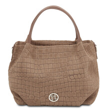 Nora Cocoon Suede leather handbag with croc print Dark Taupe