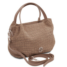 Nora Cocoon Suede leather handbag with croc print Dark Taupe