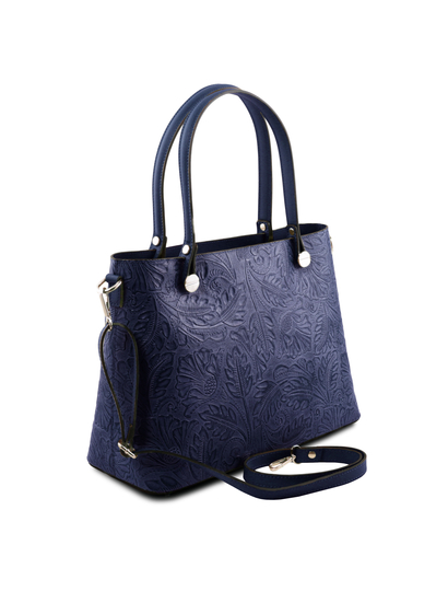 Geanta shopper Tuscany Leather albastru inchis cu pattern floral Atena