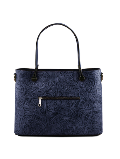 Geanta piele  shopper Tuscany Leather albastru inchis cu pattern floral Atena