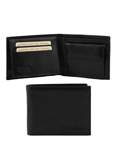 Portofel din piele Tuscany Leather cu trei pliuri si buzunar monede negru