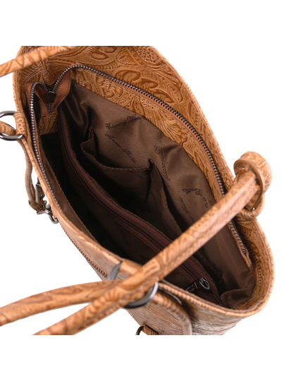 Geanta Tuscany Leather convertibila in rucsac coniac cu pattern floral Patty