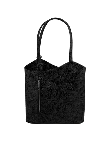 Geanta Tuscany Leather convertibila in rucsac neagra cu pattern floral Patty