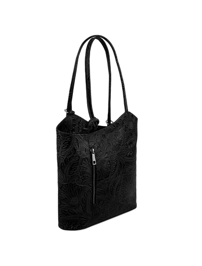 Geanta Tuscany Leather convertibila in rucsac neagra cu pattern floral Patty