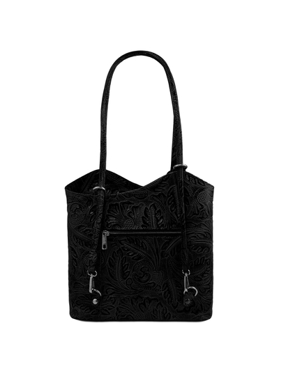 Geanta neagra Tuscany Leather convertibila in rucsac  cu pattern floral Patty
