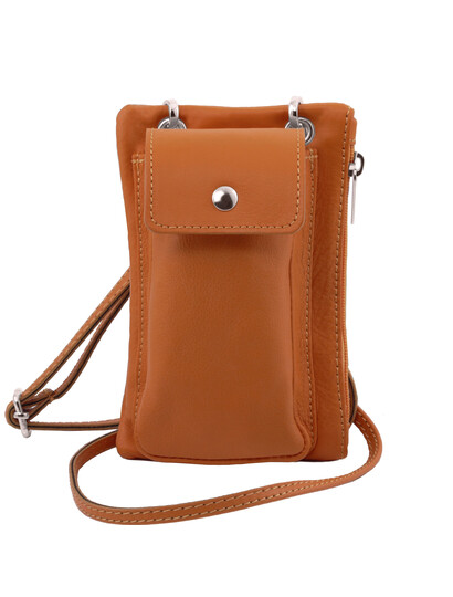 Geanta telefon Tuscany Leather din piele coniac mini cross