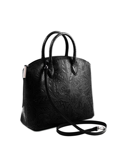 Geanta sofisticata din piele naturala dama Tuscany Leather, neagra, cu imprimeu floral Gaia