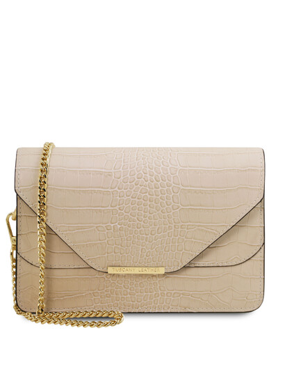 Plic dama bej din piele naturala Tuscany Leather, Hera cu print croc