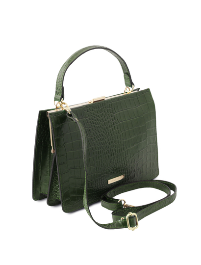 Geanta de firma dama din piele printata verde inchis Tuscany Leather, Iris Croc