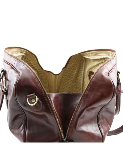 Geanta de voiaj din piele maro inchis, cu catarame, marime mare, Tuscany Leather, Voyager