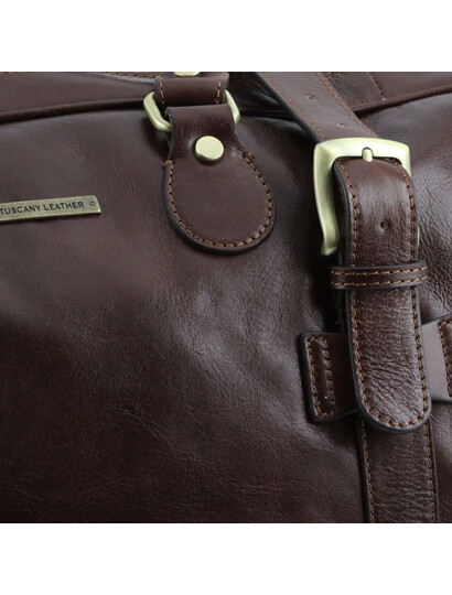 Geanta de voiaj din piele maro inchis, cu catarame, marime mare, Tuscany Leather, V