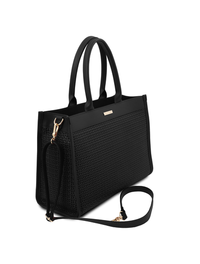 Geanta de dama din piele naturala neagra, Tuscany Leather, Woven