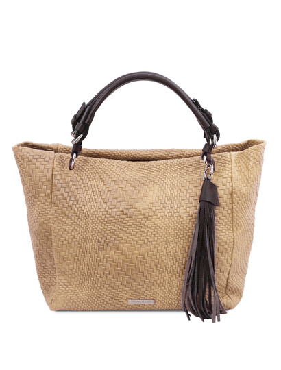 Geanta dama din piele naturala bej, printata, TL Bag Woven