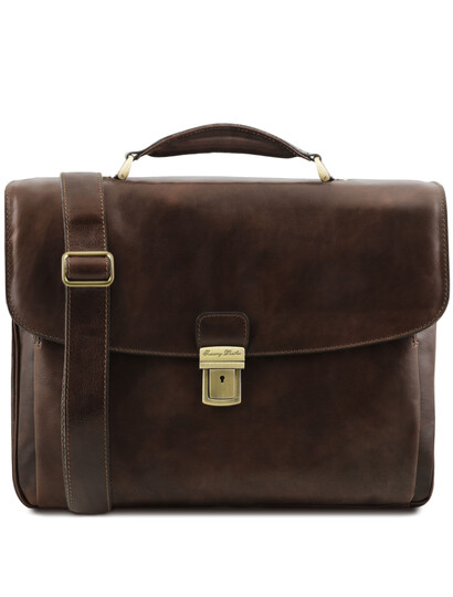 Geanta laptop barbati Tuscany Leather multi-compartiment din piele naturala maro inchis Alessandria