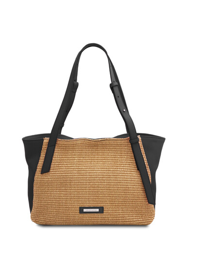 Geanta din piele neagra, cu efect de paie Tuscany Leather, TL BagSoft