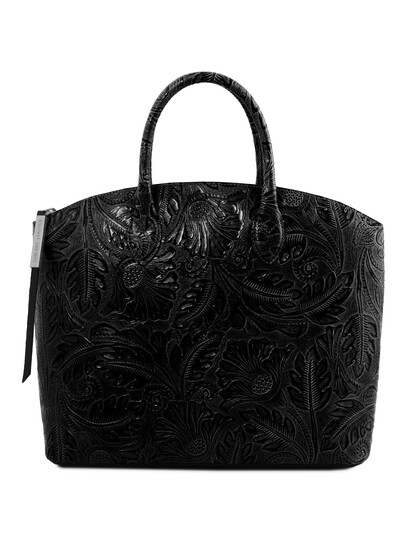 Geanta piele naturala dama Tuscany Leather, neagra, cu imprimeu floral Gaia