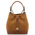 Ostrea Suede and ostrich-effect printed leather bucket bag Cognac