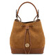 Ostrea Suede and ostrich-effect printed leather bucket bag Cognac